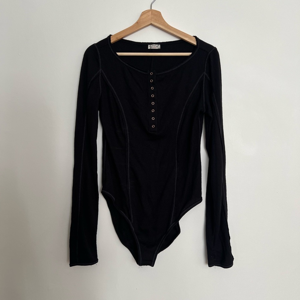 Free People Intimitely Black Long-Sleeve Henley Bodysuit